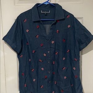 Karen Scott Dark Blue Button-Down with Red Embroidery
